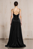 Black White Spaghetti Straps A Line Satin Long Formal Dress