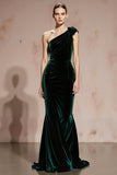 Dark Green One Shoulder Velvet Mermaid Long Formal Dress