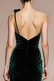 Dark Green One Shoulder Velvet Mermaid Long Formal Dress