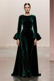 Dark Green A-Line Round Neck Long Sleeves Velvet Military Ball Dresses