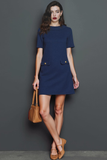 Navy A Line Round Neck Buttons Short Work Dress with Sleeves