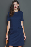 Navy A Line Round Neck Buttons Short Work Dress with Sleeves