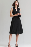 Black A Line Sleeveless Single Breasted Notched Lapel Midi Work Dress