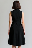 Black A Line Sleeveless Single Breasted Notched Lapel Midi Work Dress