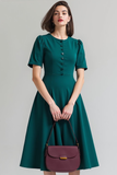 Dark Green Round Neck Short Sleeves A Line Midi Work Dress