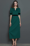 Dark Green A Line Short Sleeves Long Work Dress with Buttons