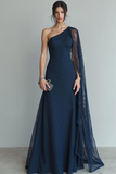 Navy Sheath One Shoulder Long Formal Dress with Cape