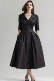 Black Satin A Line Shawl Lapel Work Dress with Pockets