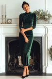 Dark Green High Neck Velvet Sheath Long Formal Dress with Sleeves
