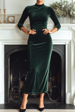 Dark Green High Neck Velvet Sheath Long Formal Dress with Sleeves