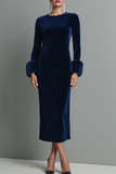 Dark Blue Round Neck Velvet Sheath Maxi Formal Dress with Sleeves