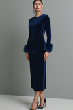 Dark Blue Round Neck Velvet Sheath Maxi Formal Dress with Sleeves