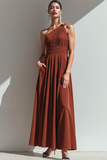Terracotta One Shoulder A Line Maxi Evening Dress with Pocket