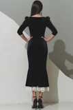 Black Velvet Mermaid Tea Length Formal Dress with Lace