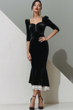 Black Velvet Mermaid Tea Length Formal Dress with Lace