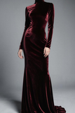 Cabernet Velvet High Neck Sweep Train Formal Dress with Sleeves