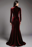 Cabernet Velvet High Neck Sweep Train Formal Dress with Sleeves