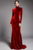 Cabernet Velvet High Neck Sweep Train Formal Dress with Sleeves
