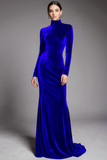 Cabernet Velvet High Neck Sweep Train Formal Dress with Sleeves