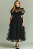 Dusty Blue A Line High Neck Tulle Midi Dress with Short Sleeves