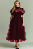 Dusty Blue A Line High Neck Tulle Midi Dress with Short Sleeves