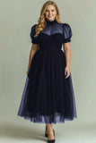 Dusty Blue A Line High Neck Tulle Midi Dress with Short Sleeves