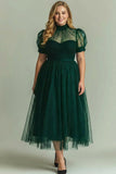 Dusty Blue A Line High Neck Tulle Midi Dress with Short Sleeves