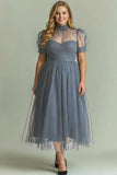Dusty Blue A Line High Neck Tulle Midi Dress with Short Sleeves