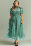 Dusty Blue A Line High Neck Tulle Midi Dress with Short Sleeves