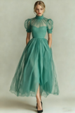 Dusty Blue A Line High Neck Tulle Midi Dress with Short Sleeves