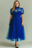 Dusty Blue A Line High Neck Tulle Midi Dress with Short Sleeves