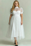 Dusty Blue A Line High Neck Tulle Midi Dress with Short Sleeves