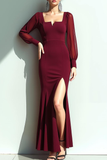 Cabernet Mermaid Square Neck Long Sleeves Formal Dress with Slit