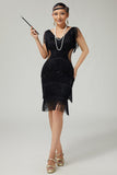 V-Neck Black Tiered Fringed Cut-Out 1920s Dress With Sequins