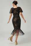 Sparkly Black Blue Fringed 1920s Dress With Short Sleeves