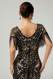 Black Golden V-Neck 1920s Dress With Sequins and Fringes