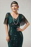 Dark Green Sequined Bodycon Fringed 1920s Dress With Short Sleeves