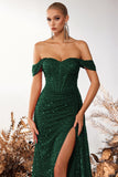 Sparkly Burgundy Corset Off the Shoulder Long Prom Dress with Slit