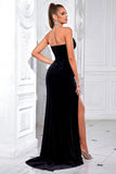 Sparkly Black Sheath Velvet Sweetheart Long Prom Dress with Beading