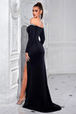 Sparkly Black Satin Off The Shoulder Beaded Mermaid Long Formal Dress with Slit