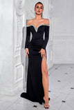Sparkly Black Satin Off The Shoulder Beaded Mermaid Long Formal Dress with Slit