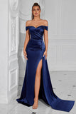 Mermaid Off the Shoulder Dark Green Ruched Slit Prom Dress
