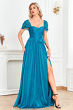 Blue Off the Shoulder A Line Pleated Prom Dress with Slit