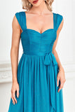 Blue Off the Shoulder A Line Pleated Prom Dress with Slit