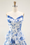 Blue White Flower A-Line Tiered Corset Long Prom Dress with Slit