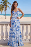 Blue White Flower A-Line Tiered Corset Long Prom Dress with Slit