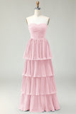 Blush Pink A-Line Strapless Pleated Tiered Long Bridesmaid Dress