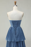Strapless Dusty Blue A-Line Pleated Tiered Long Bridesmaid Dress