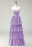 Blush Pink A-Line Strapless Pleated Tiered Long Bridesmaid Dress