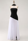 Black White A-Line Strapless Formal Dress With Halter Scarf